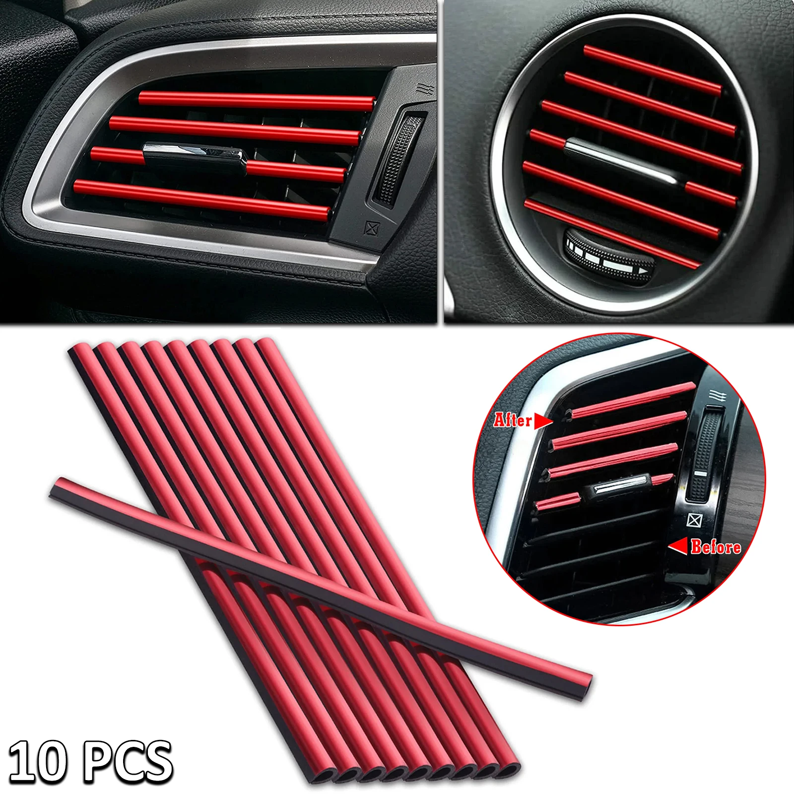 10pcs Red DIY Center Air Vent Outlet Cover Decoration Molding Trim Universal Sticker Strip Auto Line Dashboard Styling Garnish