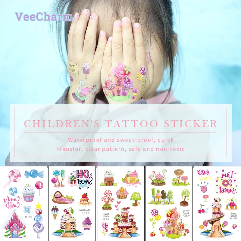 

VeeCharm - Sweet Castle Themed Children's Temporary Tattoo Stickers - Ice Cream, Candy, and Snow Cone designs, Safe, 1/12 Sheet