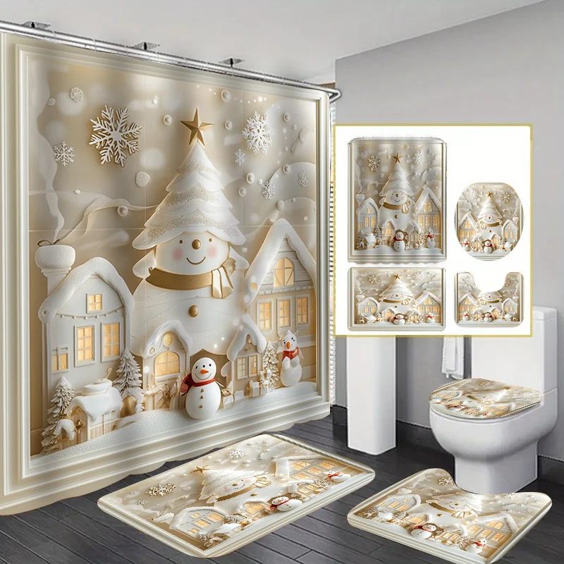 4Pcs Embossed Xmas Bath Set – Shower Curtain, Non-Slip Mat, Toilet Cover, Bath Rug, 12 Hooks, Home & Dorm Decor