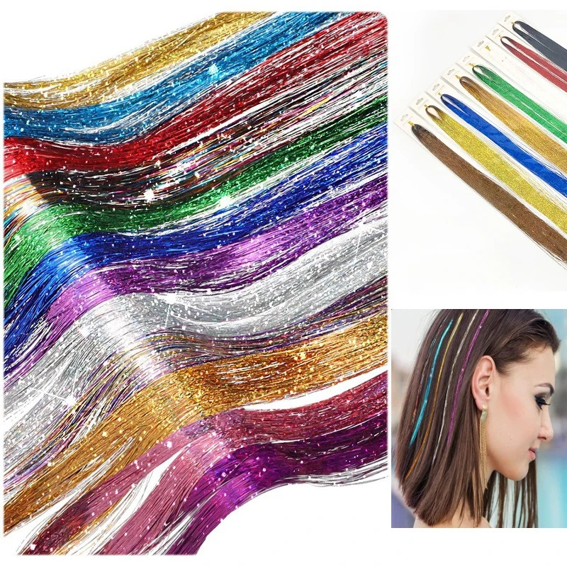 120 Strands/bag Sparkle Shiny Hair Tinsel Rainbow Silk Hair Extension Dazzles Women Hippie for Braiding Headdress Long 100cm New