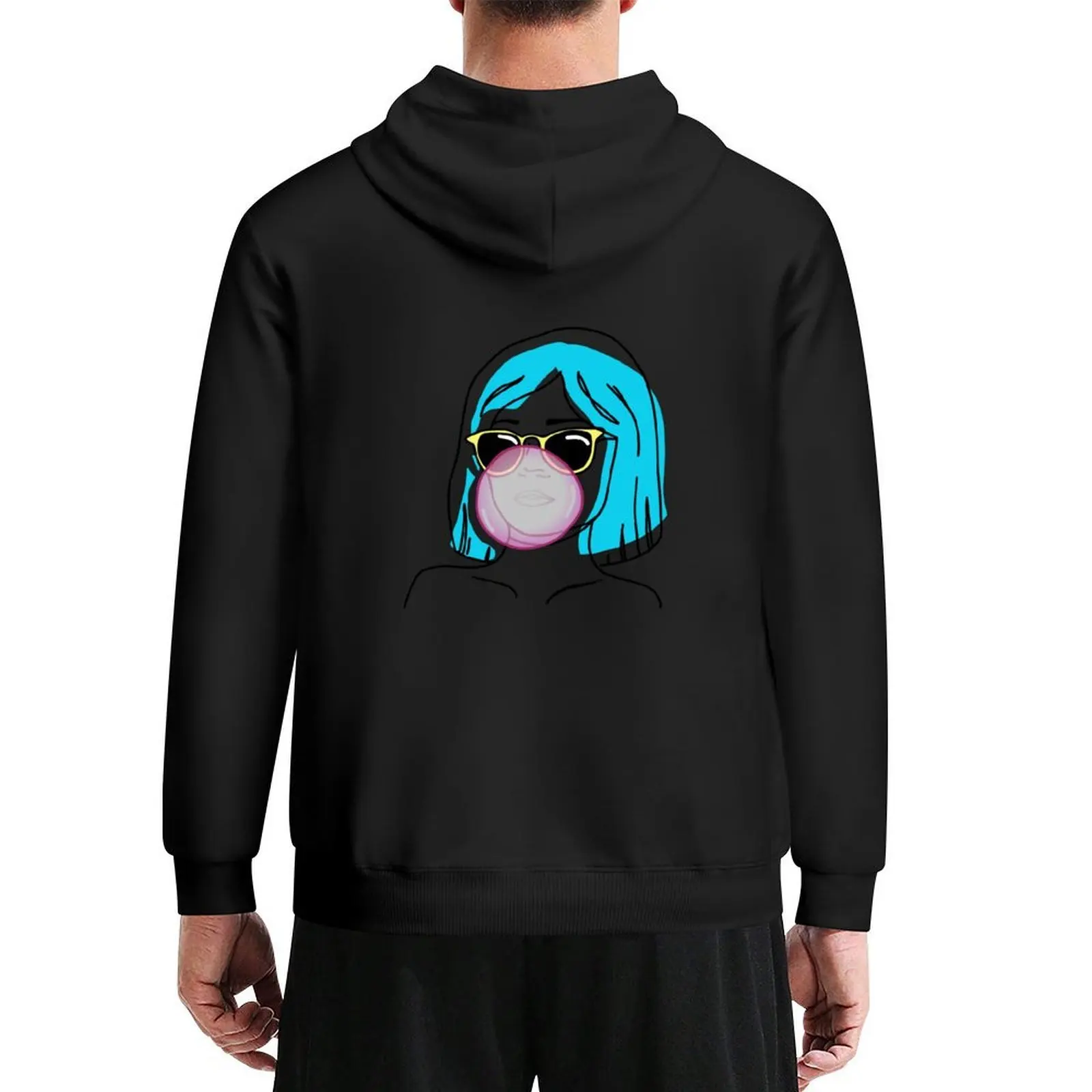 

A girl with blue hair and glasses inflates a bubble of gum Hoodie mens clothing new in hoodies and blouses