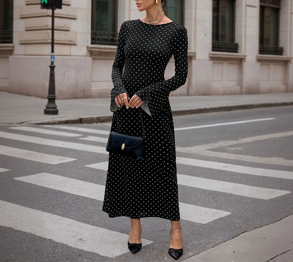 

Celebrity Black Polka Dot Dress Women's Autumn and Winter Long-sleeved Big Halter Slim Back Lace-up Long Dress