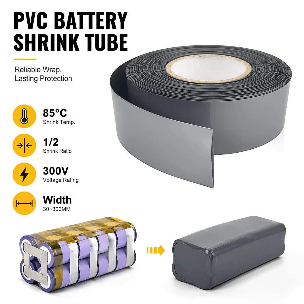 Silver Gray PVC Heat Shrink Tube ，30-300mm width for 18650 Battery Pack Insulation Dustproof Encapsulation Sleeve Wire Wrap