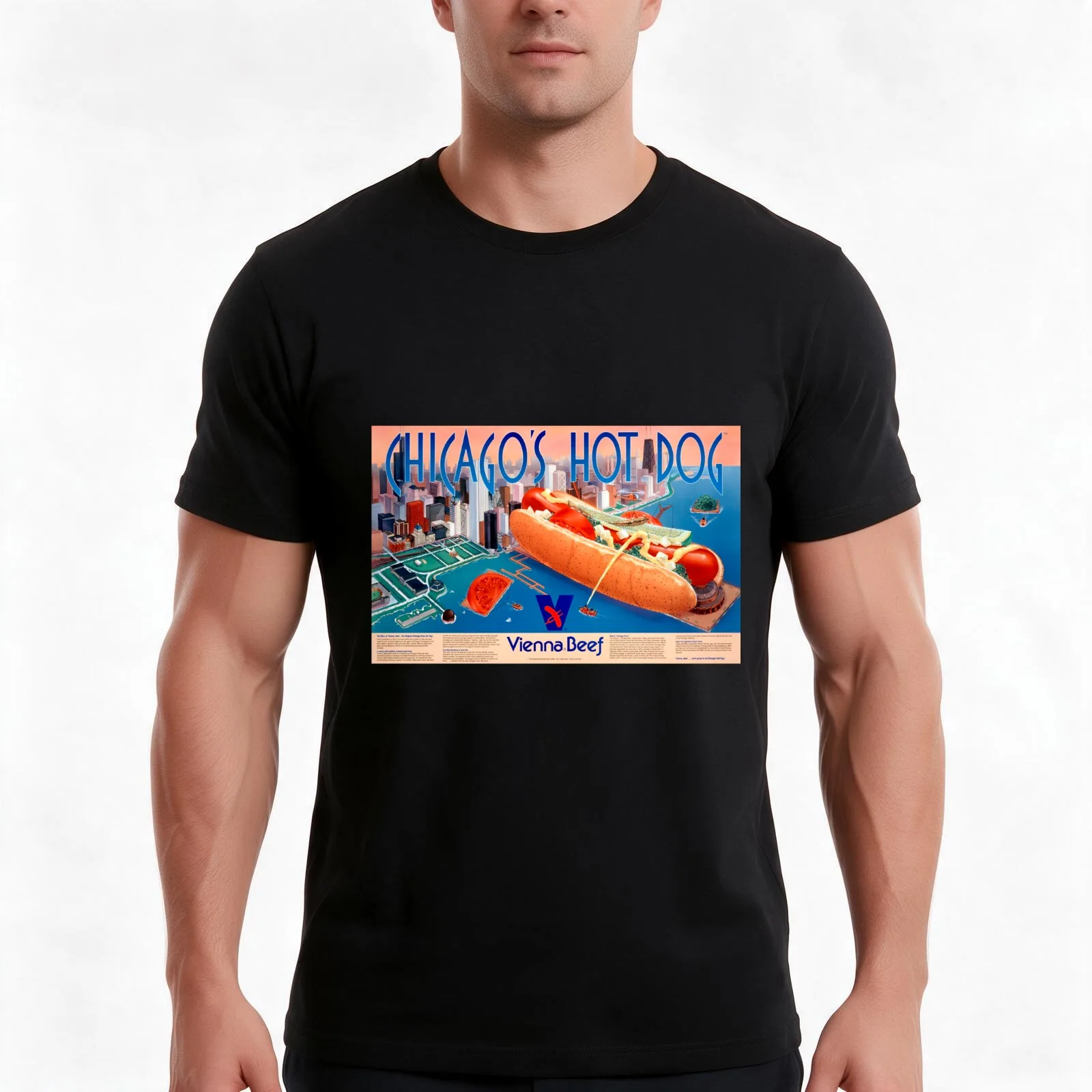 Vienna Beef Navy Pier Hot Dog Poster T-Shirt, Summer Casual Cotton Tee, Oversized Streetwear Tops, Vintage Graphic Print