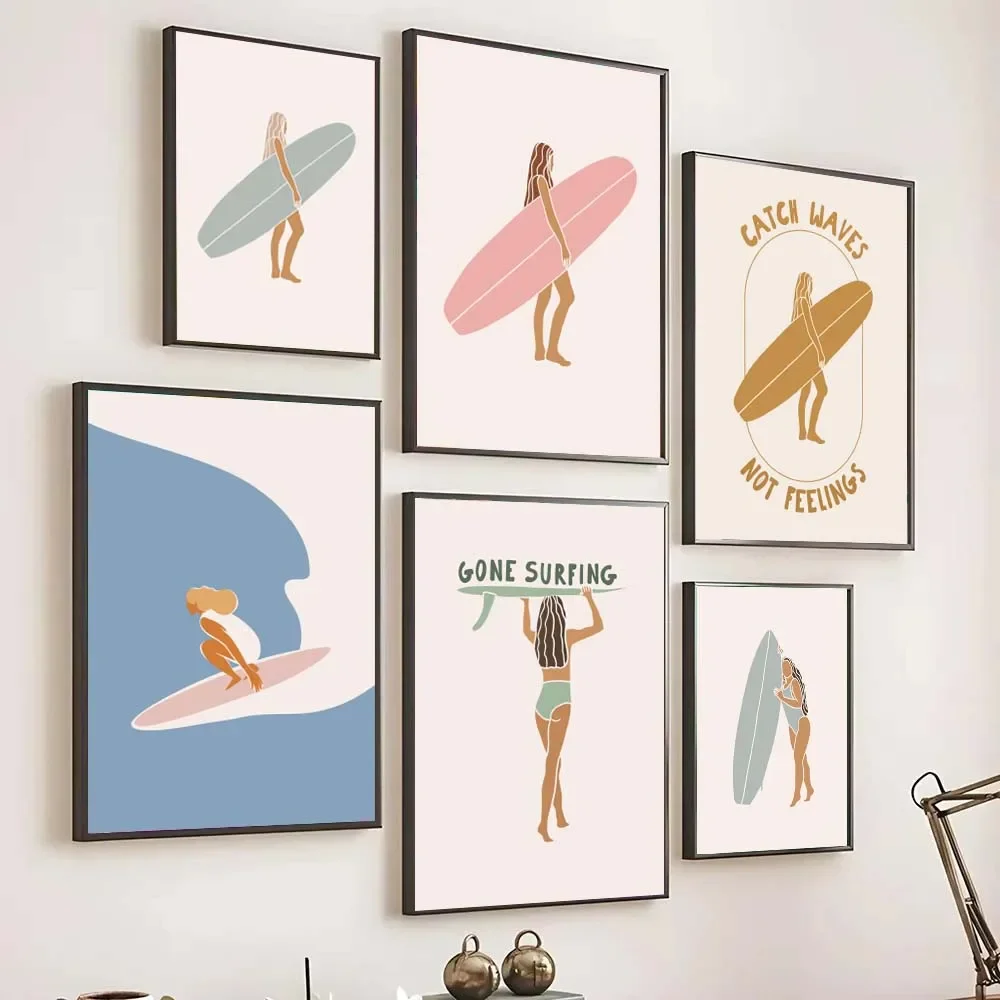Beach Sea View Surfer Surfing Print Posters Woman Surfboard Sport Canvas Painting Coastal Wall Art Pictures Room Home Decor
