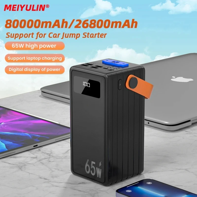 80000mAh Power Bank 65W PD USB C Fast Charging External Battery Portable Powerbank For iPhone 15 14 Laptop With Car Jump Starter