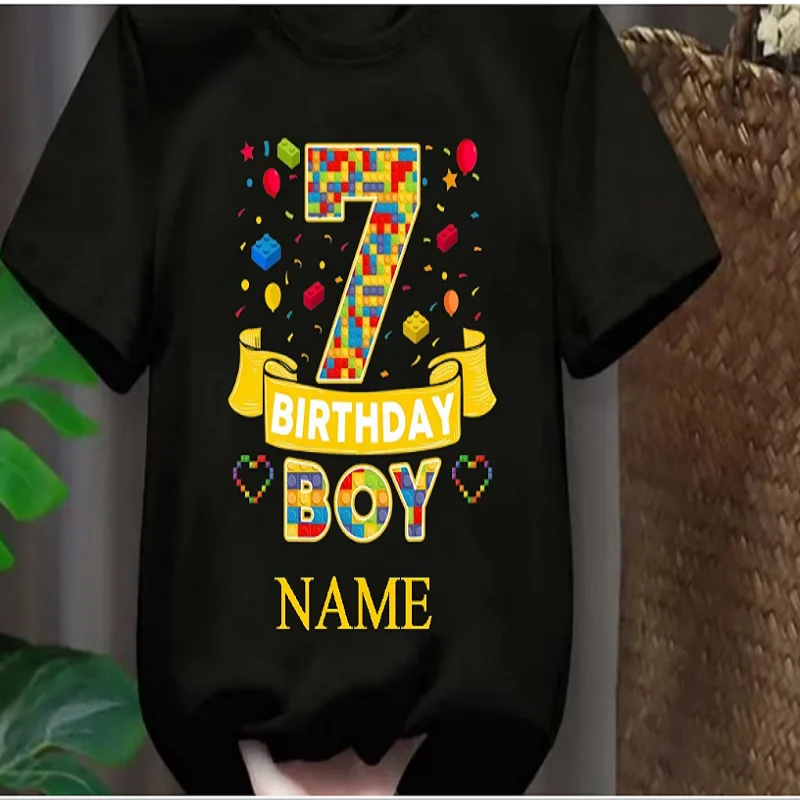 Hot Sale Building Block Birthday Boy T-Shirt, Personalized Name Brick Game Birthday Outfit for Kids, 2026 Summer Short Sleeve T-