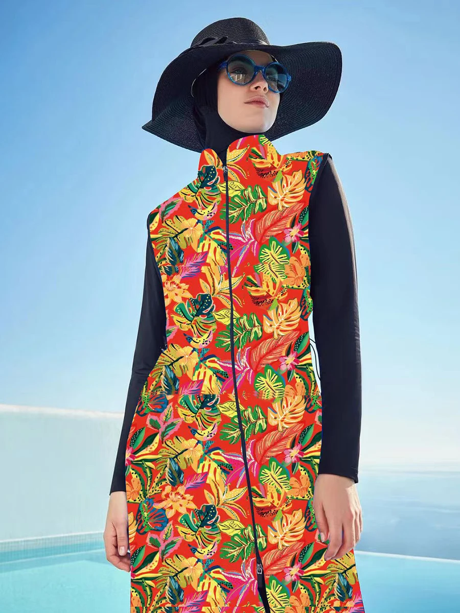 4PCS Waterproof Modest Burkini Femmes Beach Long Swimwears Women Floral Swimsuit Swimwear Full Cover Hijab Top Pants ​Bra