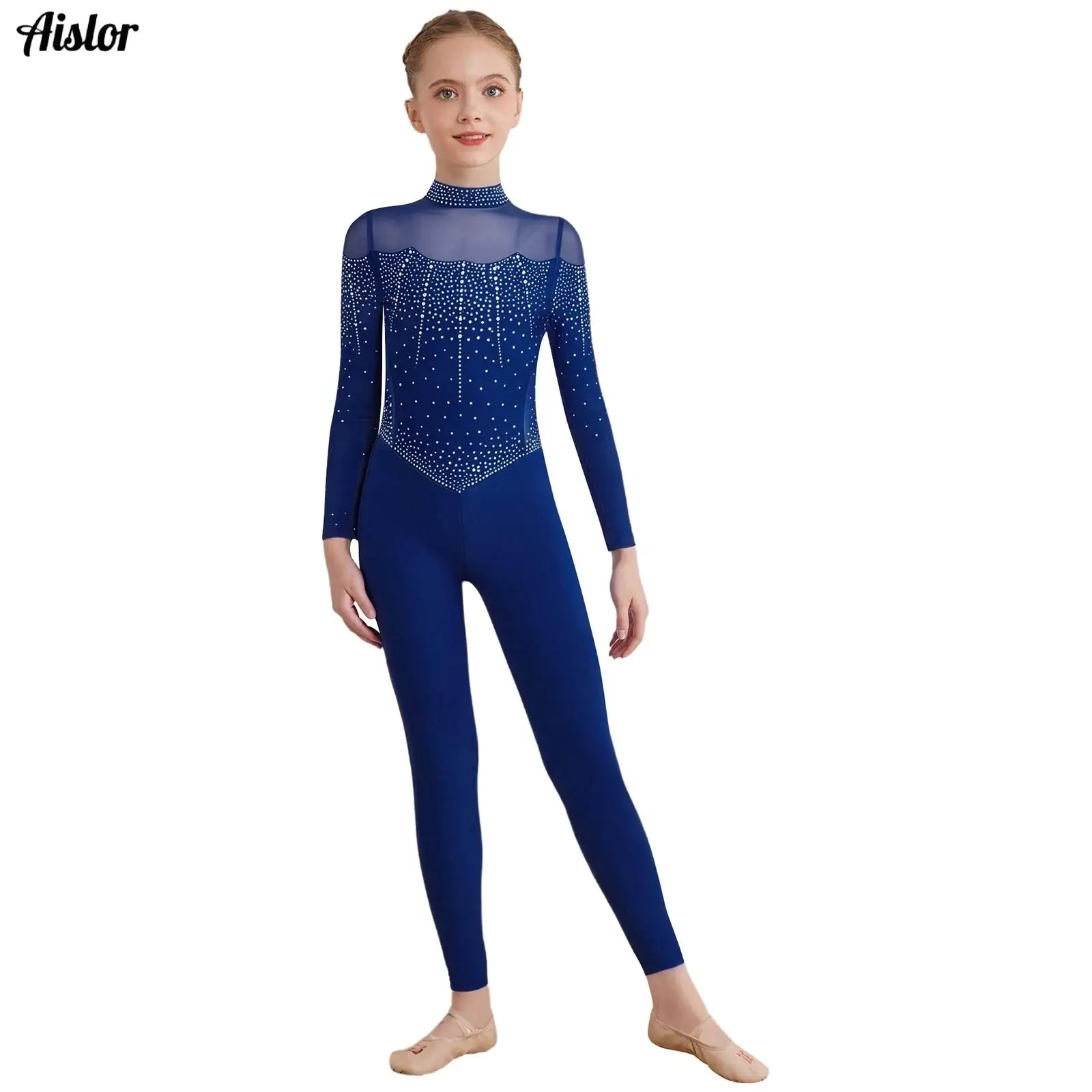 

Kids Girls Shiny Rhinestones Full Body Leotard Mock Neck Long Sleeve Mesh Jumpsuit Figure Skating Gymnastics Dance Bodysuit