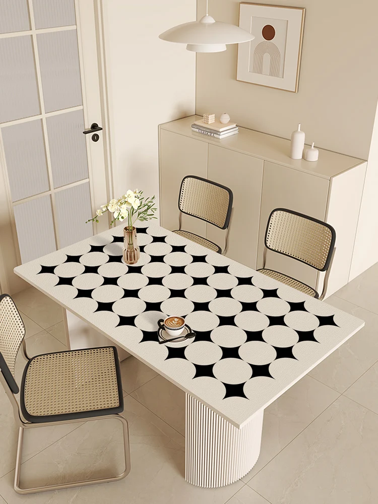 Minimalist Beige Plaid Dining Table Mat Kitchen Table Decoration Mats Waterproof Oil Proof Table Full Cover Mat Artistic PVC Pad