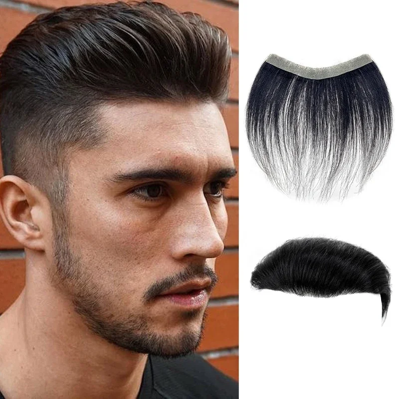 100% rambut manusia pria 15cm hitam alami PU V Loop depan wig rambut palsu Remy pengganti rambut palsu lurus 6 inci