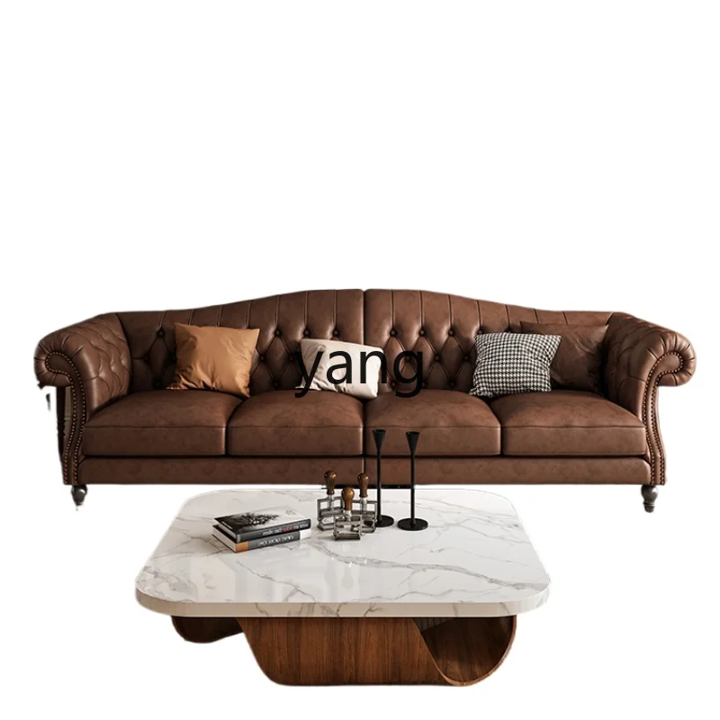 

Yjq Vintage Leather Sofa First Layer Small Apartment Straight Row Pull Buckle Sofa Living Room Furniture