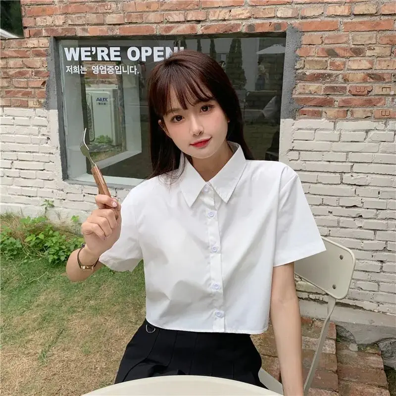 Oversize White Cropped Shirt Women Summer Short Sleeve Polo Neck Sweet Preppy Button Short Shirts Korean Female Blouses Blusa