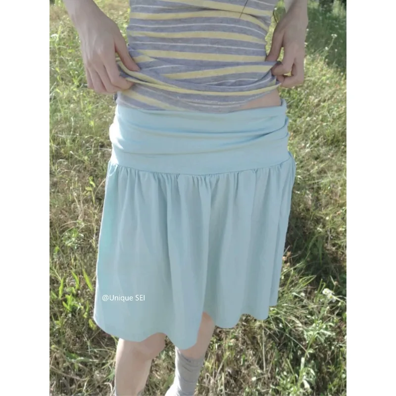 Japanese-style Pleated Casual A-line Skirt Women 2026 Summer New Low Waist Solid Color All-match Knee Length Skirt