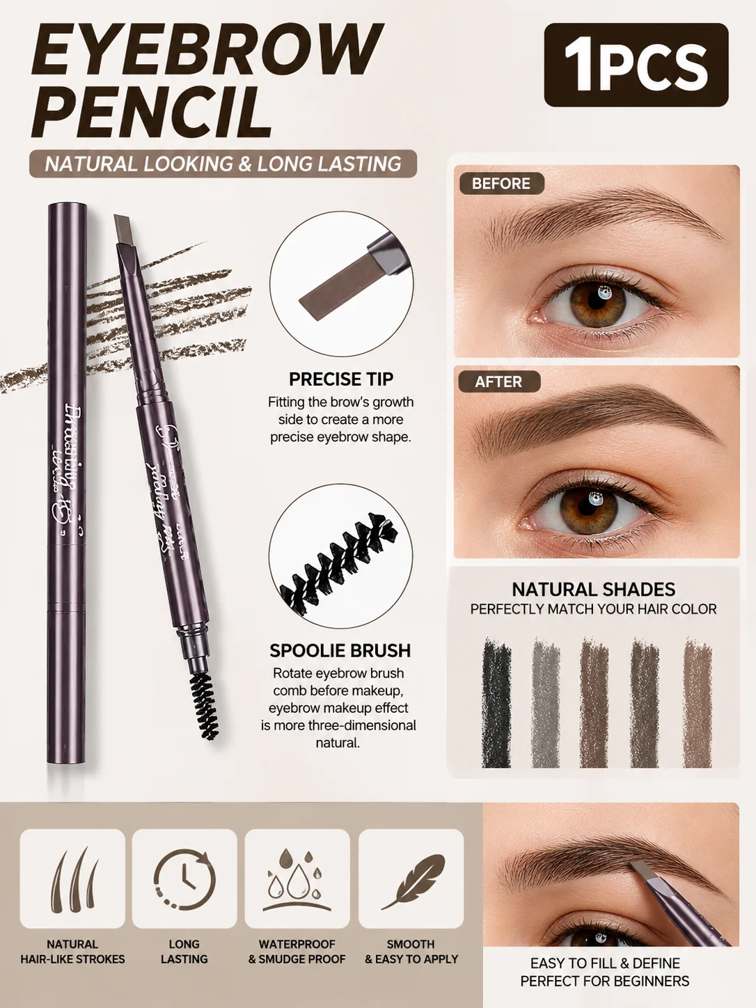 1PCS Triangular Ultra‑Fine Tip Eyebrow Pencil, Waterproof Smudge‑Resistant Long‑Wear Rotatable Brow Pencil With Spoolie Brush Na