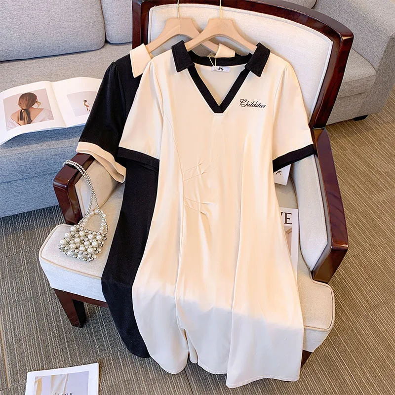 

150Kg Plus Size Women's Bust 150 Summer Loose V-Neck Short Sleeve Waist Wrap Dress Black Apricot 4XL 5XL 6XL 7XL 8XL 9XL