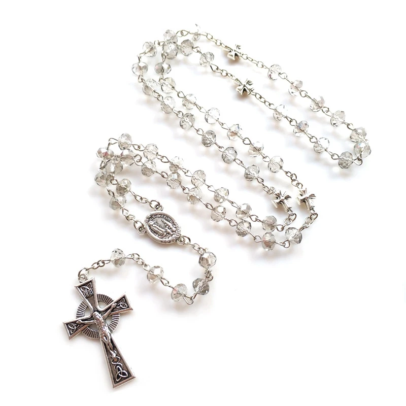 QIGO Gray Crystal Rosary Necklace Vintage Jesus Cross Pendant Religious Prayer Jewelry