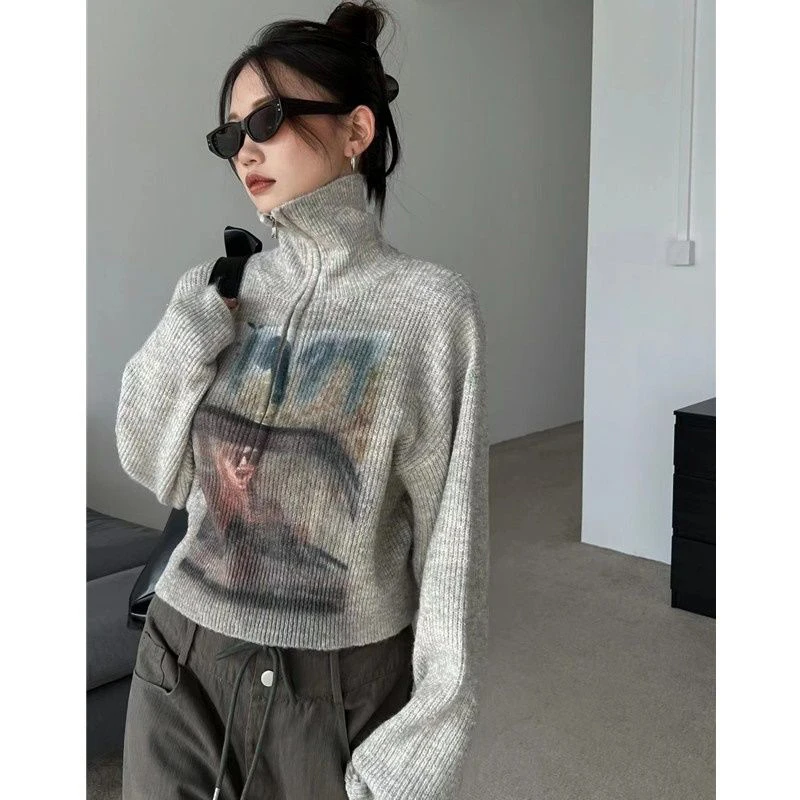 Gidyq Autumn Women Knitted Sweater American Retro Print Sexy Cropped Jumper Casual Streetwear Female Zipper Loose Pullover Tops