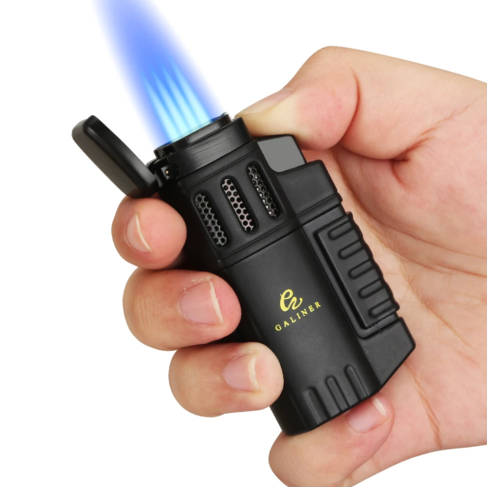 GALINER Metal Cigar Lighter Gas Butane Portable Windproof 4 Jet Torch Lighters Pocket Smoking Cigar Burner Isqueiro