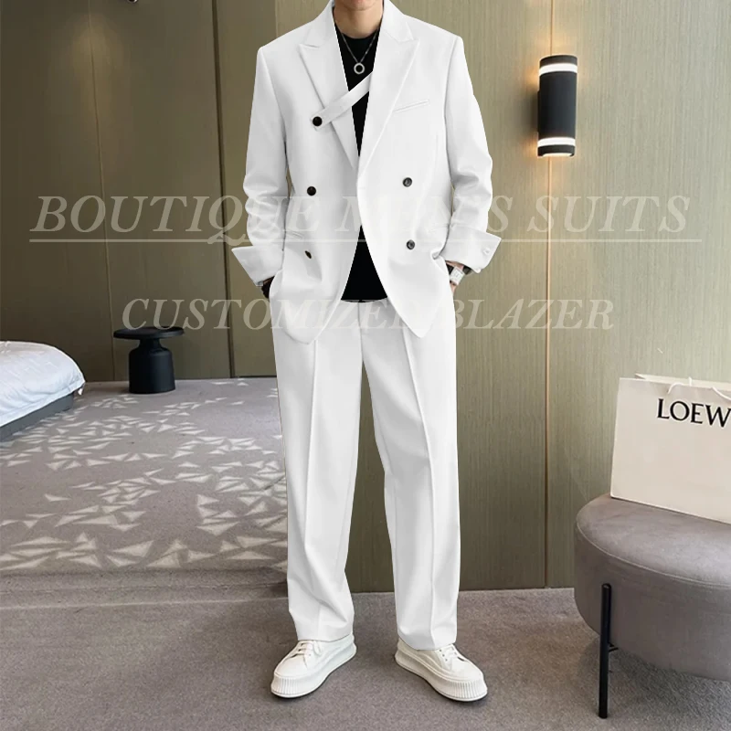 Fashiion Ivory Loose Suits For Men Boyfriend Clothing 2024 New Casual Jacket Pants 2Pcs Set Custom Made Male Wear costume homme