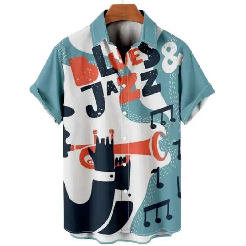 Musical Instrument 3D Print Hawaiian Shirt Men\'s Retro Jazz Pattern Short Sleeved Shirts Casual Oversized Harajuku Lapel Blouse