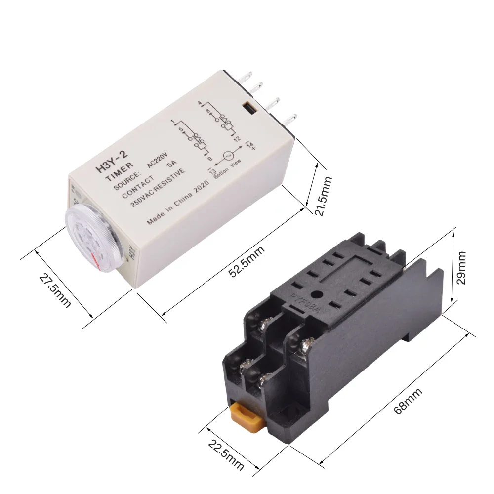 5/10sets H3Y-2 Time Relay AC 220V DC12V 5A Delay Timer Timing Relay 0-30 Second 0-60 Minute 0-60s 0-60min with 8pin Base Socket