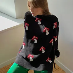 Women's Clothing Trend 2024 New Fashion Mushroom Graphic Print Sweater Long Sleeve Plus Size Tops Loose Casual Street Pullovers