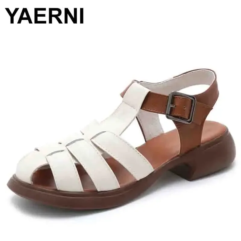 

New Summer Woven Hollow Genuine Leather Roman Sandals Women's Sandal Shoes Thick Low Heel Shoe Large Size Sandals