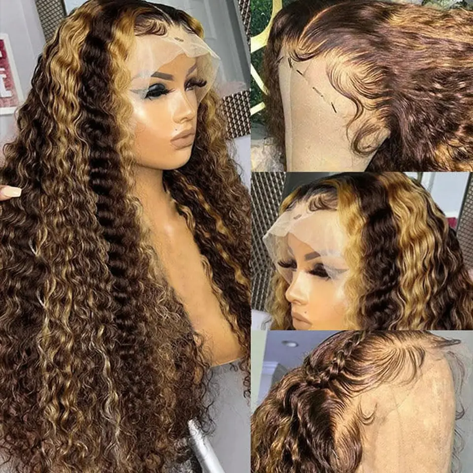 Peluca con frontal de encaje de cabello humano color miel rubio con reflejos ombre, 13x4, onda profunda, encaje HD, rizada 2