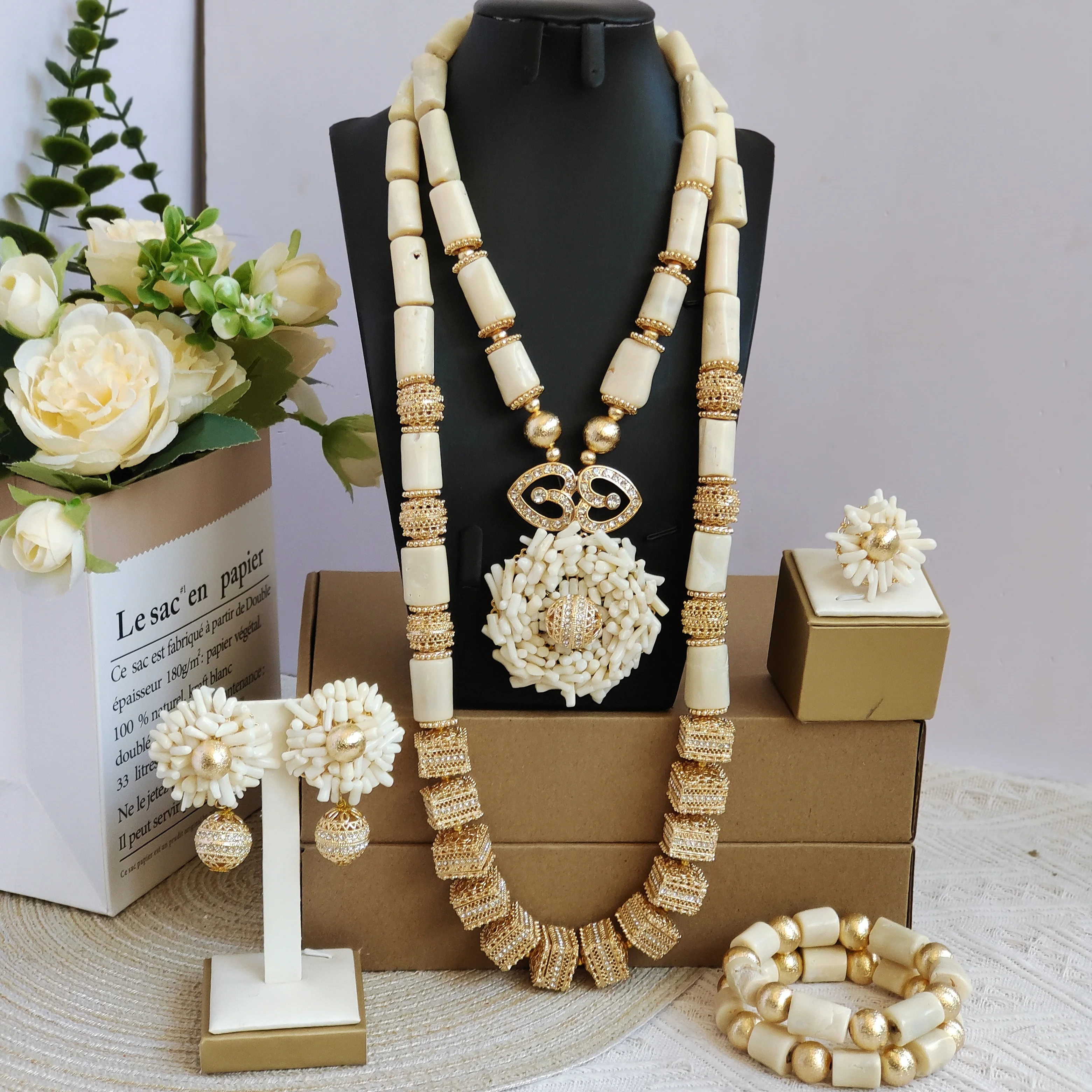 

Aczuv Natural White Coral Beads African Jewelry Sets for Wedding