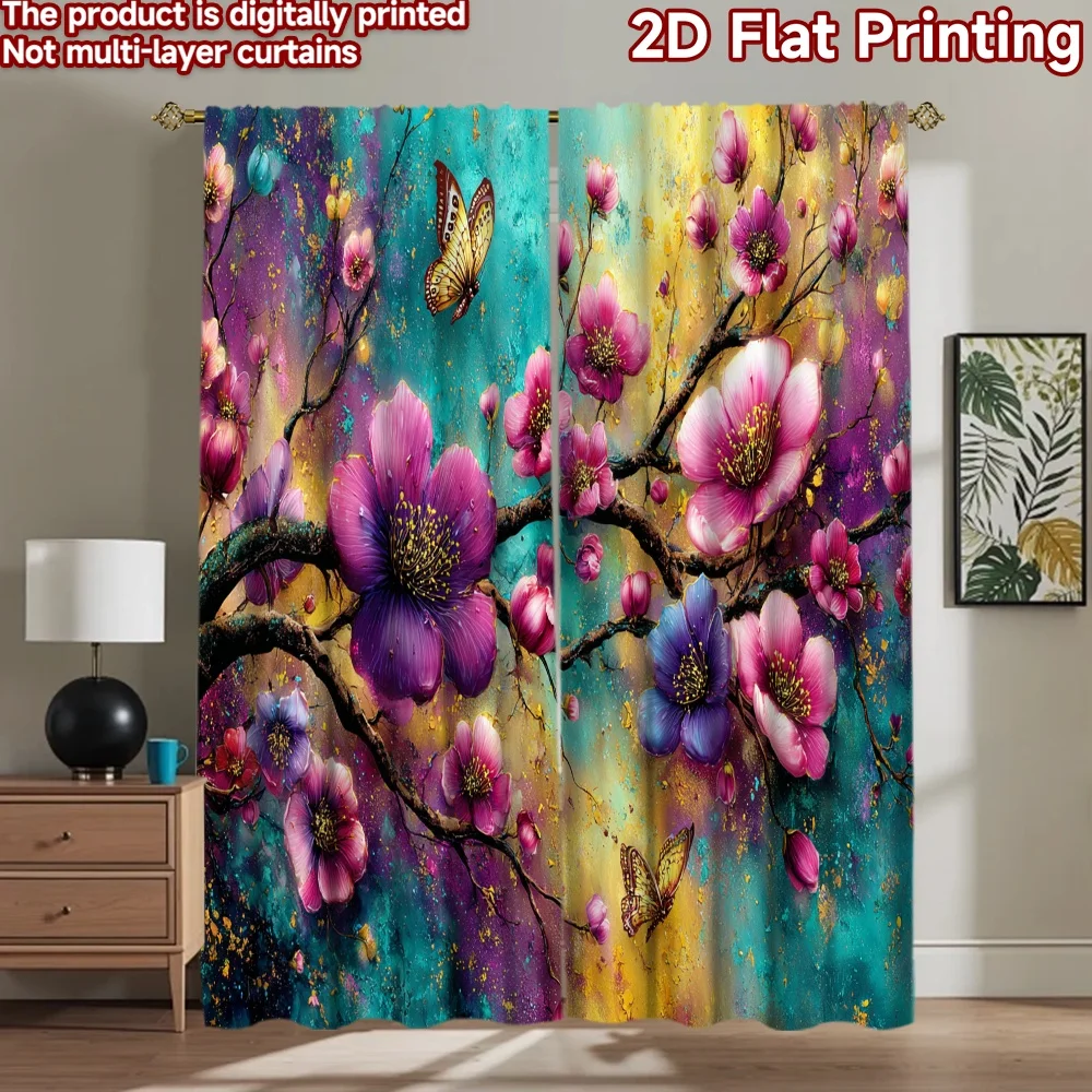 2D flat printing 2pcs Window Curtains Colorful Flowers Butterflies Branches Digital Printed Polyester Drapes Birthday Party for