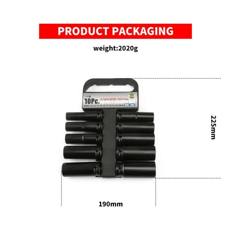 1/2 inch 10 piece 78mm deep impact socket set 12.5mm square hole electric wrench socket 10 12 13 14 15 17 19 21 22 24mm
