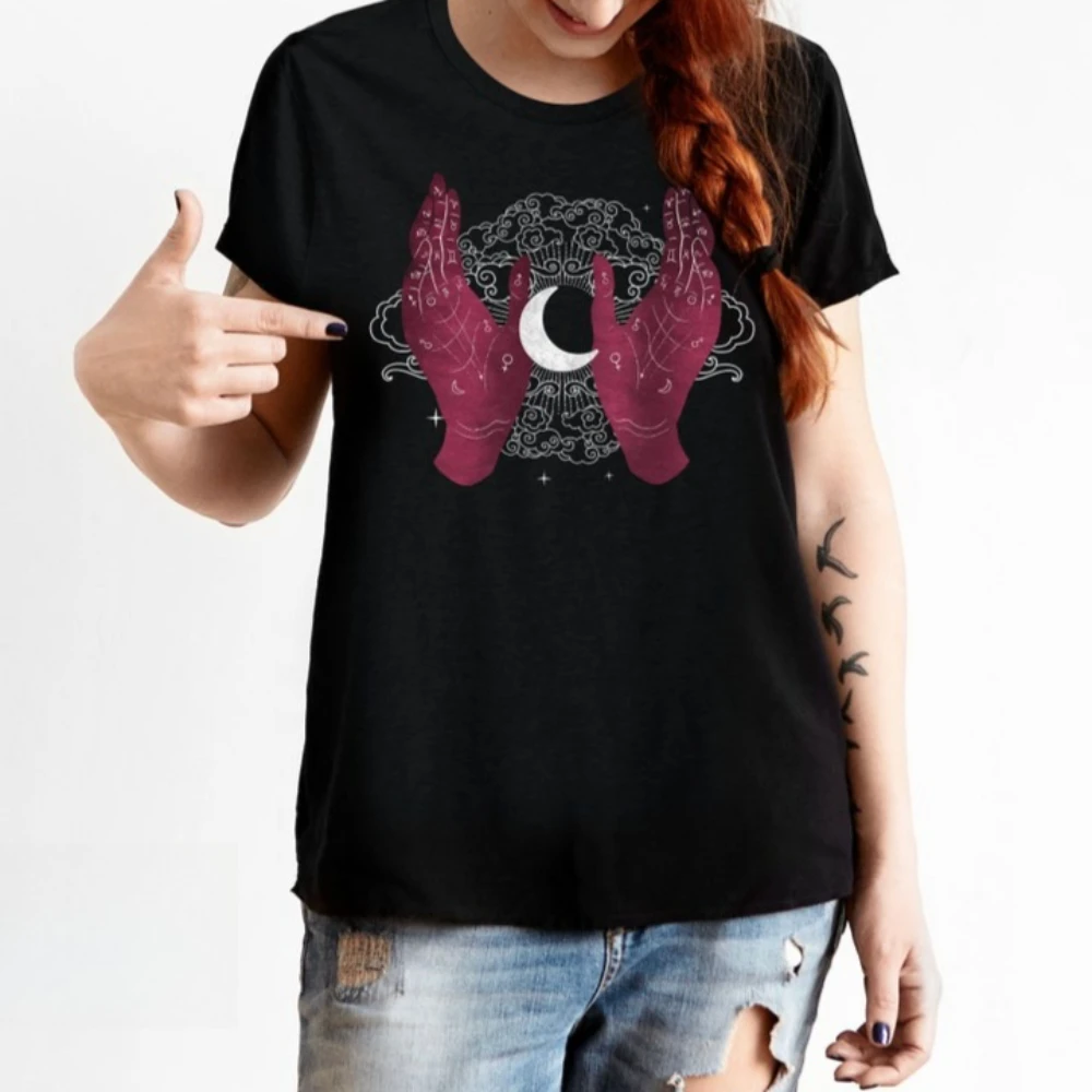 Mystyczne Koszulki z Grafiką Rąk Palmistry i Księżyca, Niebiańskie Okultystyczne Ciemne Czarownicze Gotyckie Koszulki Bawełniane Damskie Męskie