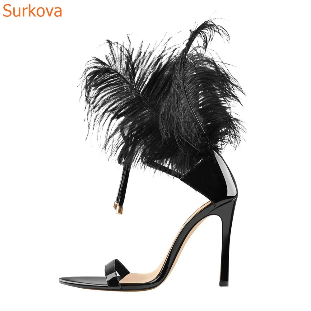 Straight Strap Feather Women Sandals Peep Toe Stiletto Heels Buckle Strap Cover Heel Summer Fashion New Arrivals Women Shoes