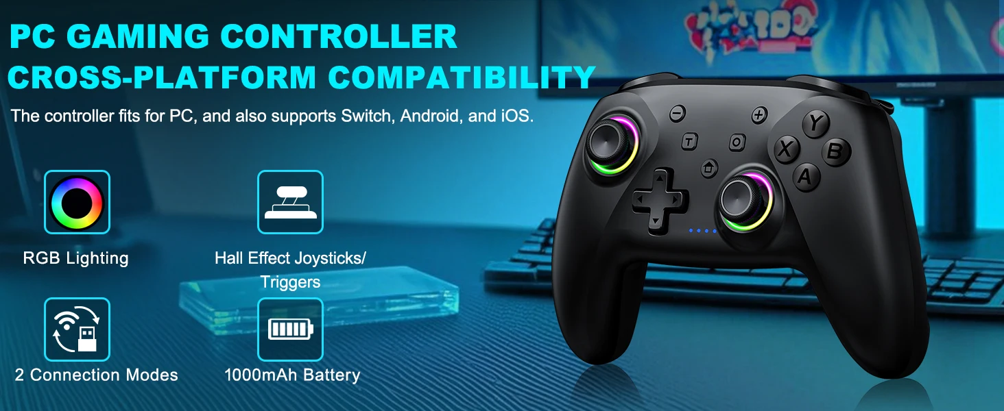 Dinofire Wireless Bluetooth RGB Controller for Nintendo Switch/Switch OLED/Lite Mobile Wired PC Gamepad Multi-Function Joystick