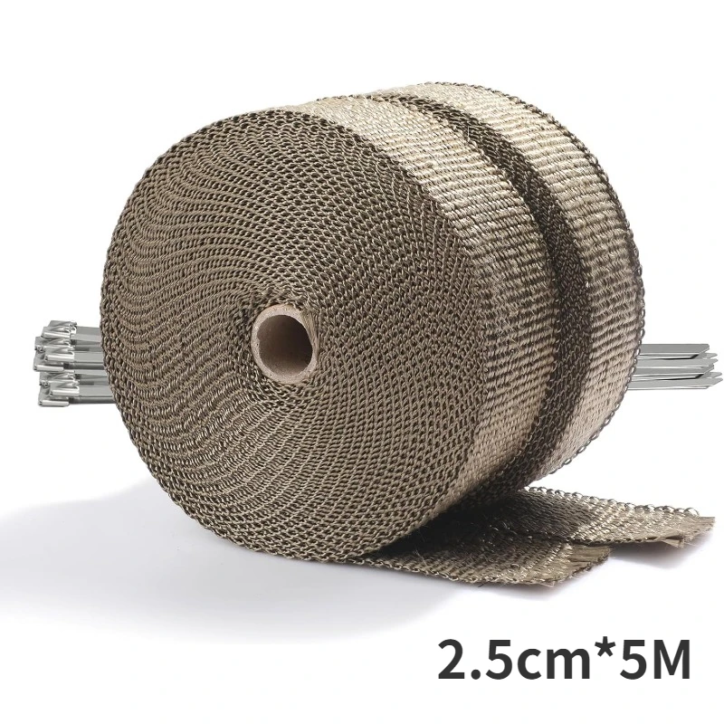 25mm*5M Roll Fiberglass Shield Motorcycle Exhaust Thermal Tape Header Pipe Heat Wrap Tape Thermal Protection with Stainless Ties