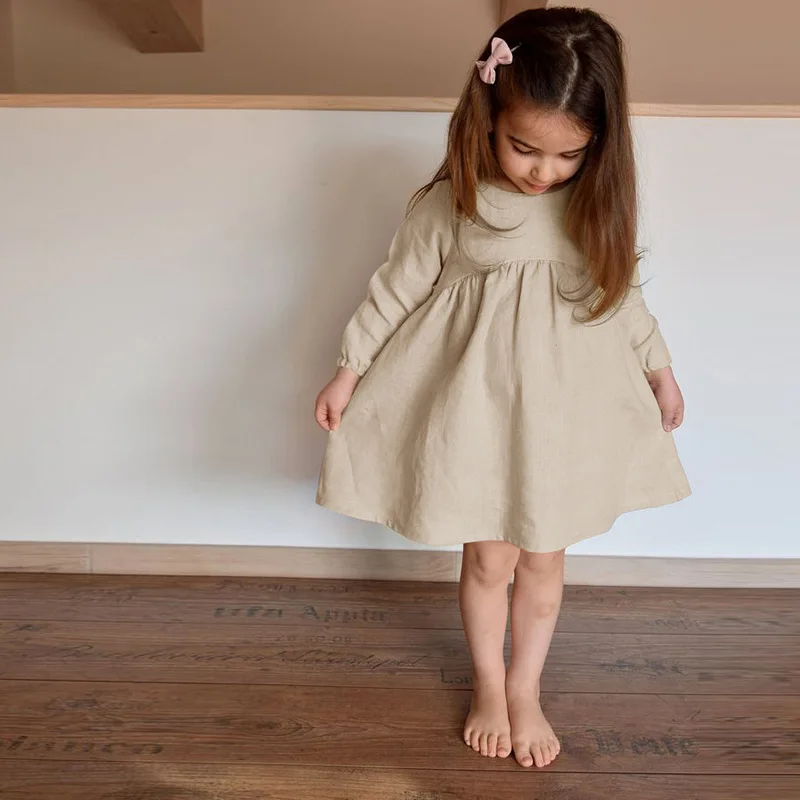 Girls Spring Long-Sleeved Ramie Dress Retro Mori New Cute Baby Girl Solid Color Round Neck Loose Dresses Kids Clothes
