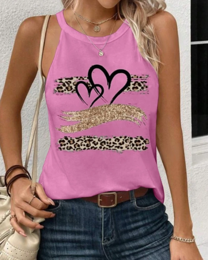 Women's Casual Loose Fit Tank Top Female Daily Clothing Tee Women Fashion Leopard Print Heart Pattern Heart Sleeveless T-Shirt