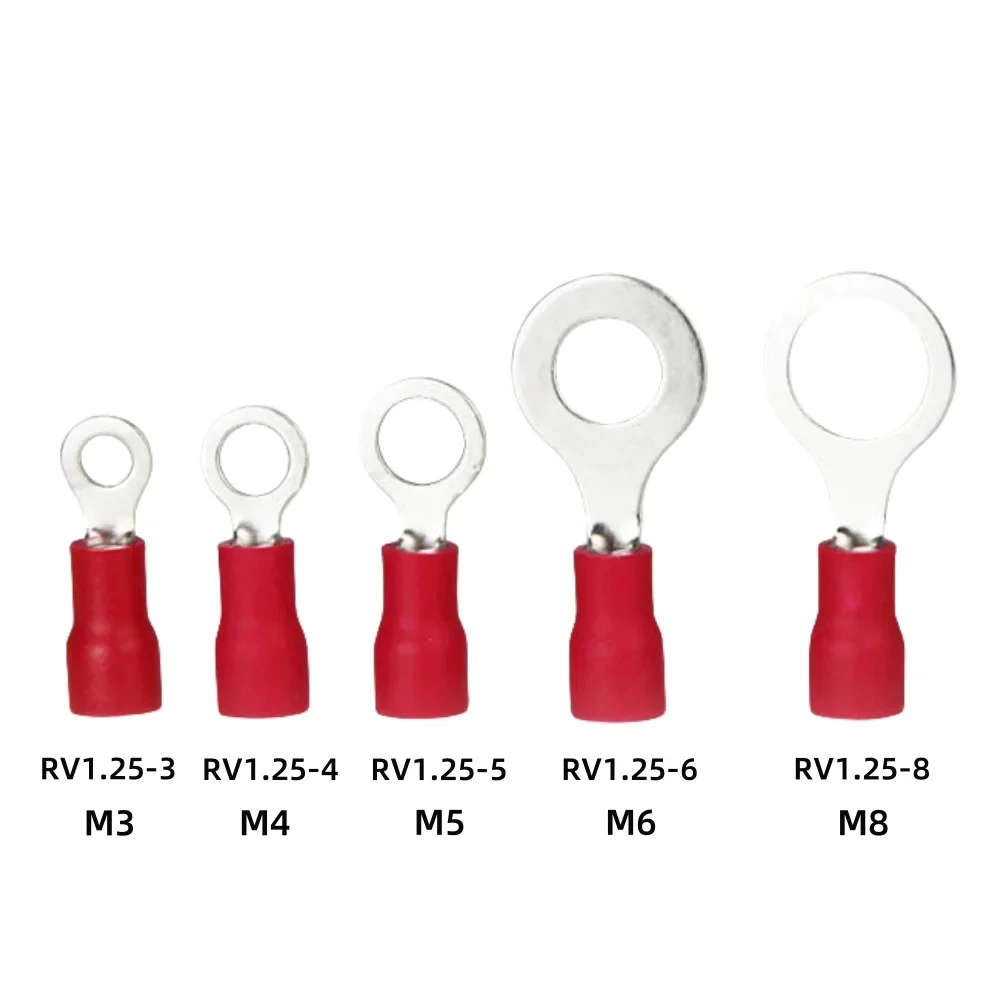 10/50/100Pcs Rv1.25 M3M4M5M6M8 Electrical Ring Crimp Wire Connectors Insulated Wiring Terminals 22-16AWG Red