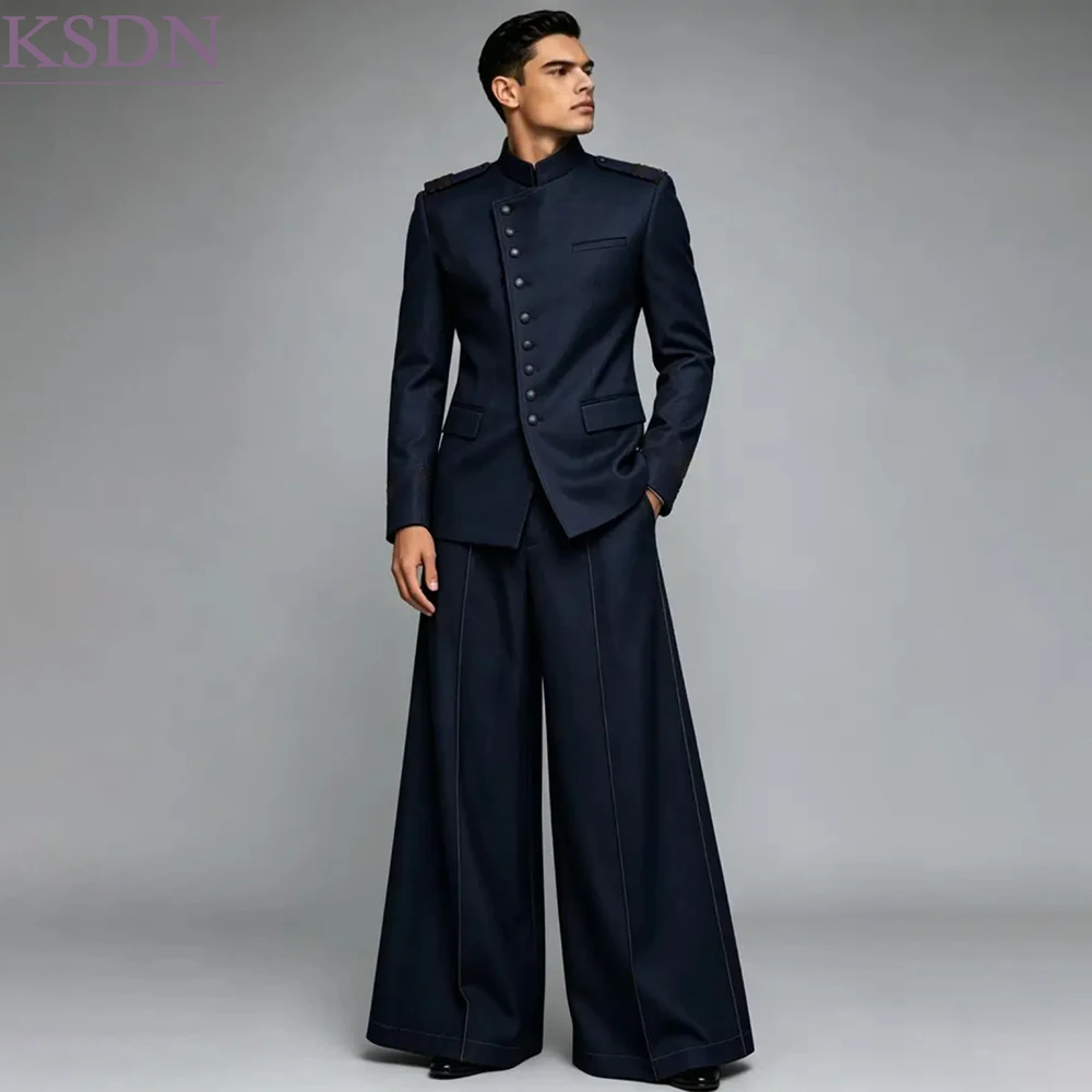 Navy Blue Men's Suits Elegant Asymmetric Button Blazer With Epaulet Fashion 2 Piece Jacket With Wide Leg Pants Sets For Wedding