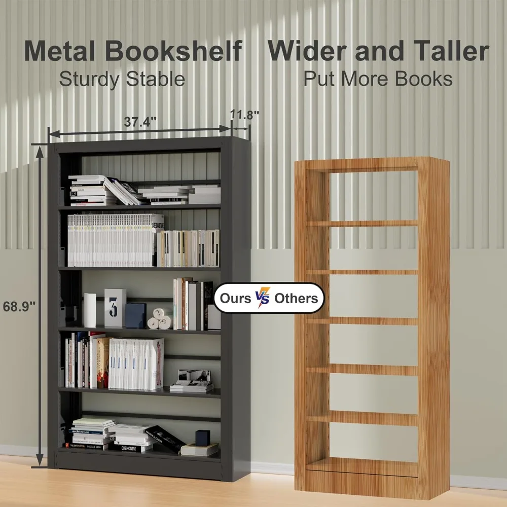 رف كتب معدني شديد التحمل مكون من 5 طبقات مع أرفف قابلة للتعديل للمكتب المنزلي والتخزين