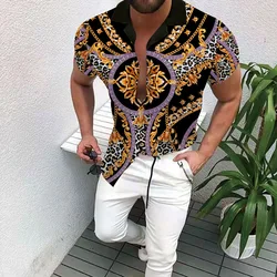 Summer fashion floral print casual short sleeve cardigan slim Harajuku men's street top Summer casual men's gold luxury printed