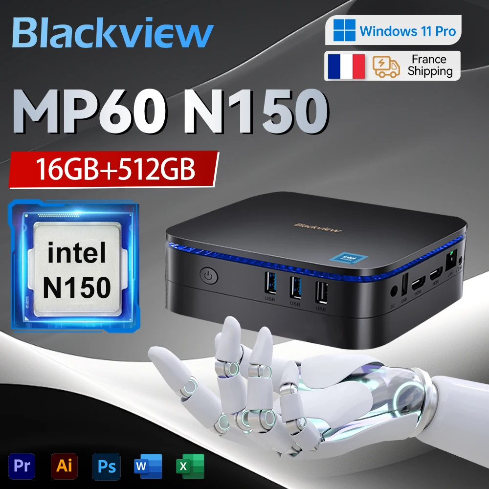 Blackview Mini-PC MP60 Intel N150 16GB + 512GB SSD 4K 60Hz HD Doppel-HDMI Bis zu 3,6GHz 4 Kerne 4 Threads Neues Windows 11 Pro