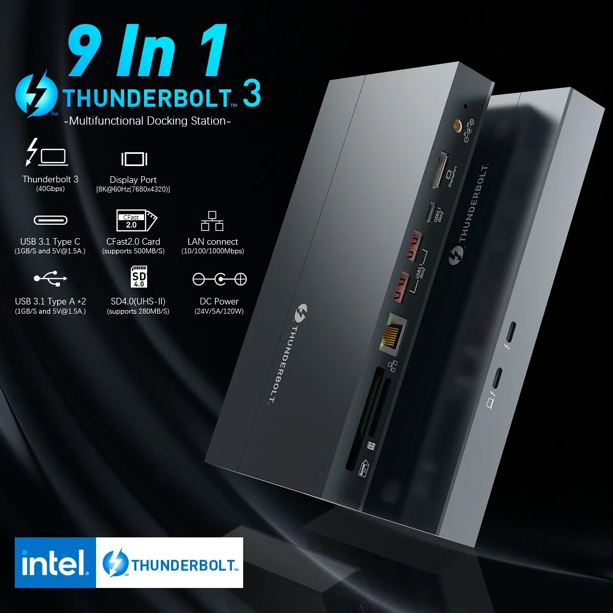 Rocketek 9 in 1 USB C Hub Cfast 2.0 SD4.0 Card Reader 8K Display Universal USB 3.1 Docking Station 3 Dock