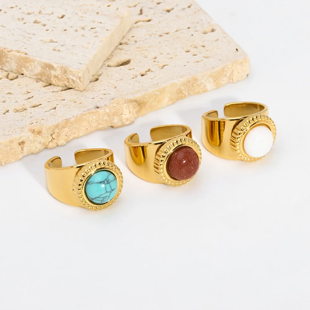 حلقات حجرية من الفولاذ المقاوم للصدأ للنساء حلقات كبيرة قابلة للفتح من الحجر الطبيعي الملون