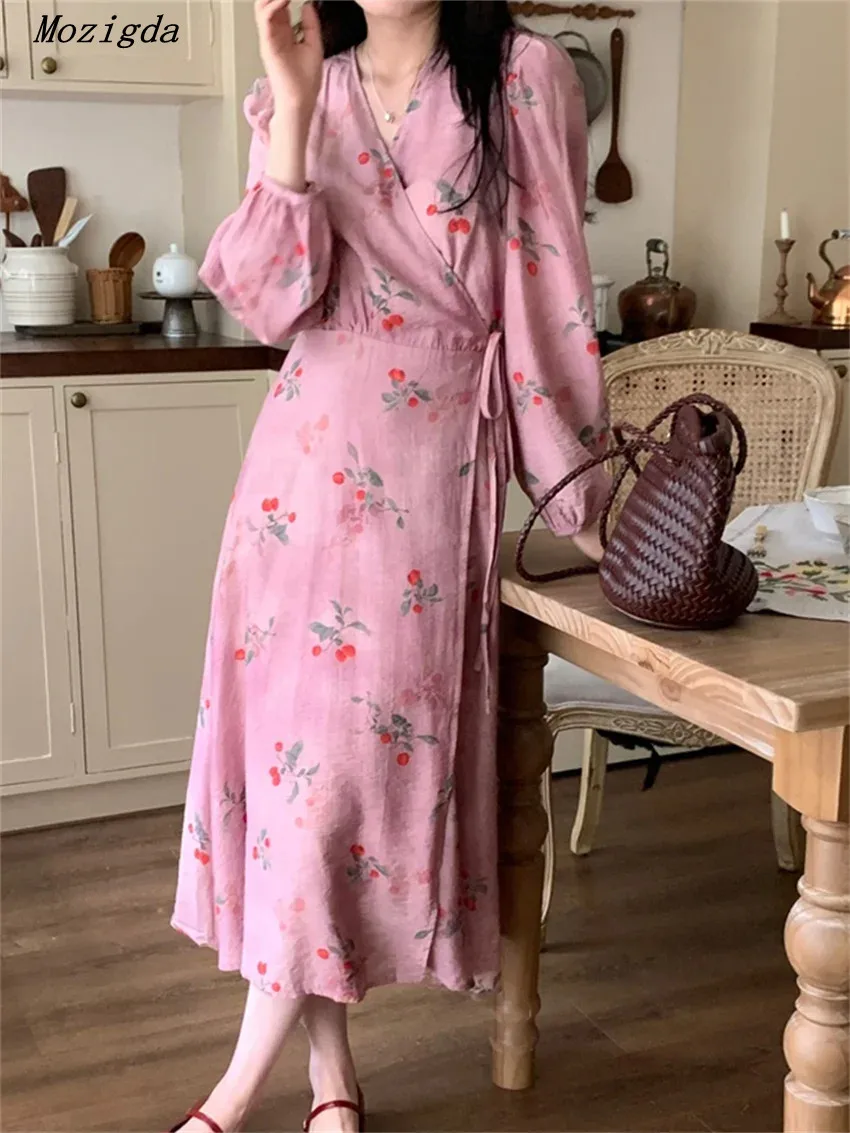 

Spring Print floral Maxi Dress Women Casual Vintage Slim New Lace-Up Sweet V-Neck Chic Office Ladies dresses Elegant Vestidos