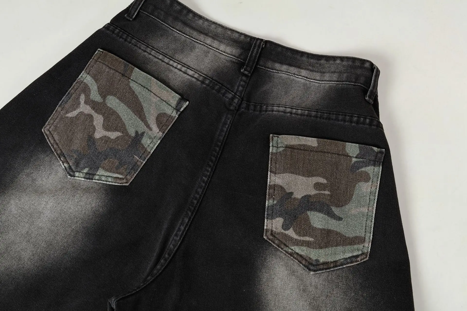 Vintage Black Washed Camo Baggy Jeans Oversized Wide Leg Pants Distressed Denim Trousers