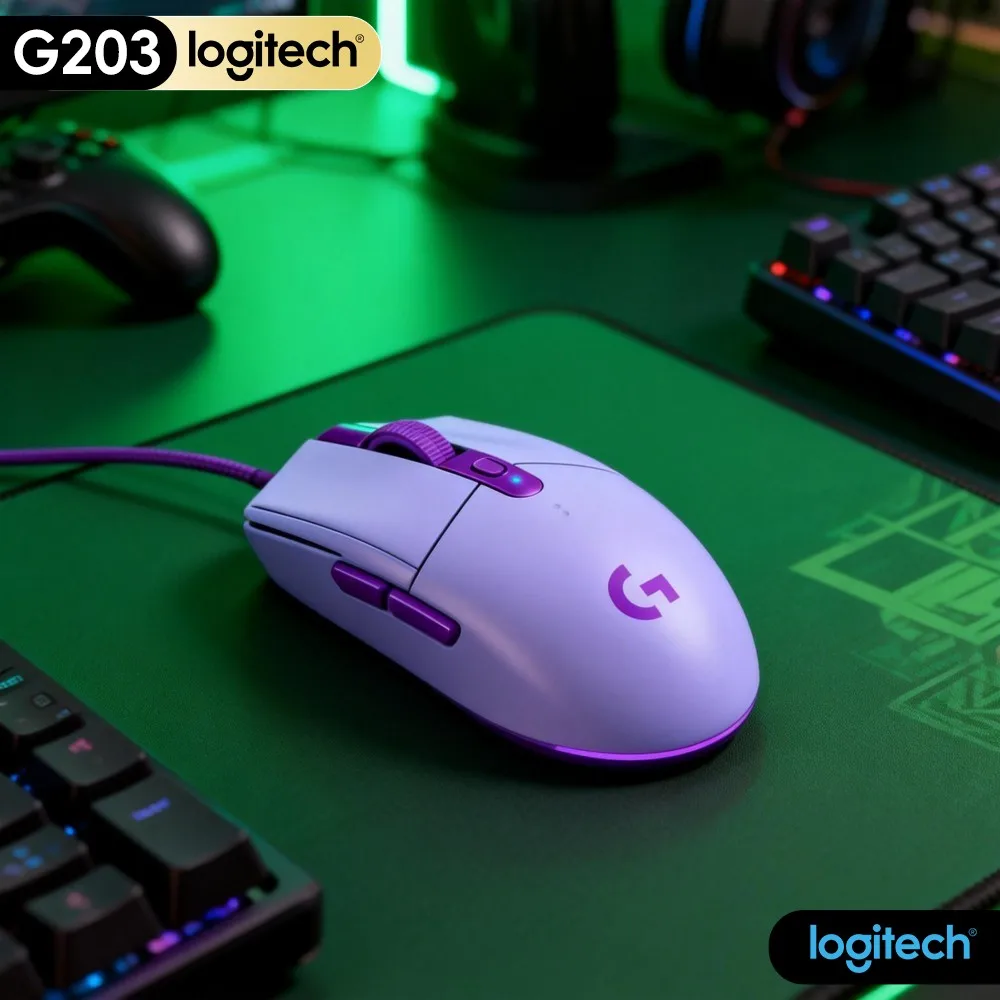 Logitech G203 Wired Gaming Mouse Handy E‑Sport Accessory Bright RGB Anti‑Slip Base Keys USB For Pc Laptop