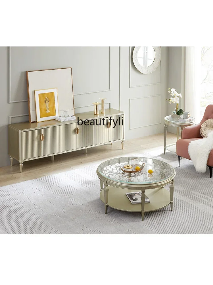 

FAmerican Light Luxury Solid Wood TV Cabinet Modern French Simplicity Coffee Table TV Stand Living Room Furniture LockerAA