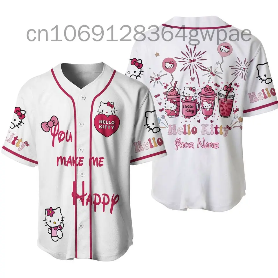 22024 Summer Hello Kitty Baseball Jersey Men's Women's Short-Sleeved Sports Cardigan Quick-Drying Baseball Uniform Hawaiian Shir